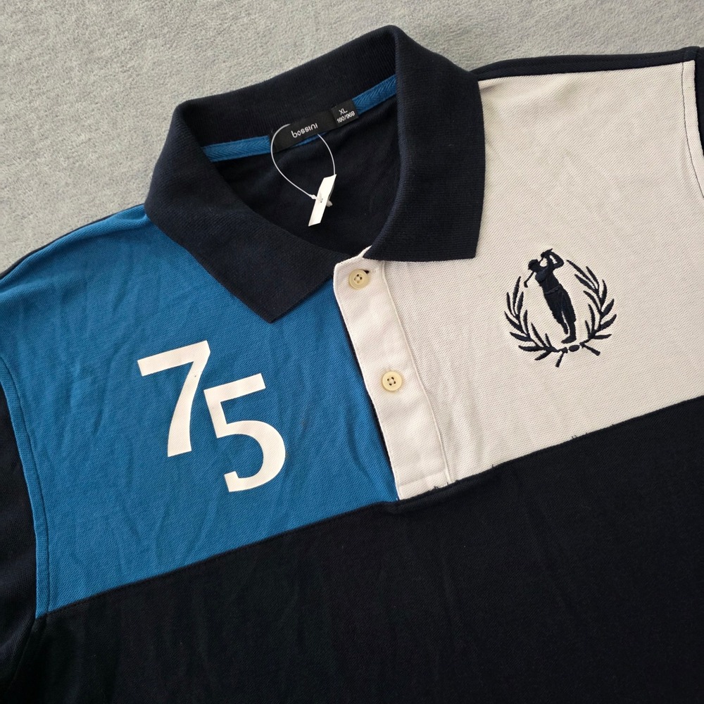 Bossini Mens XL Polo Shirt Navy Teal Colorblock Golf Graphic Short Sleeve Cotton